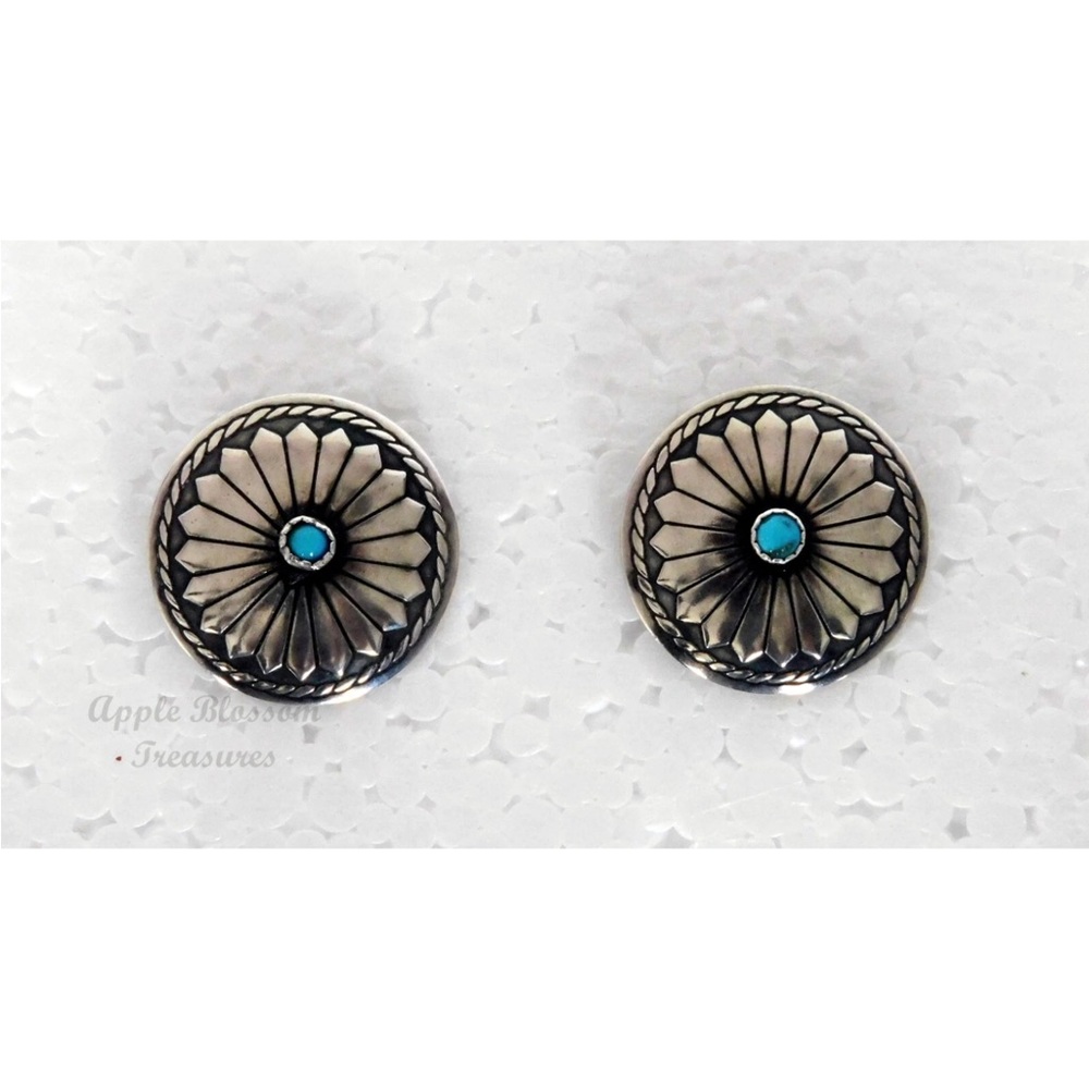 Vtg Southwest Native American Silver w/Turquoise Cabochon Concho Post Earrings